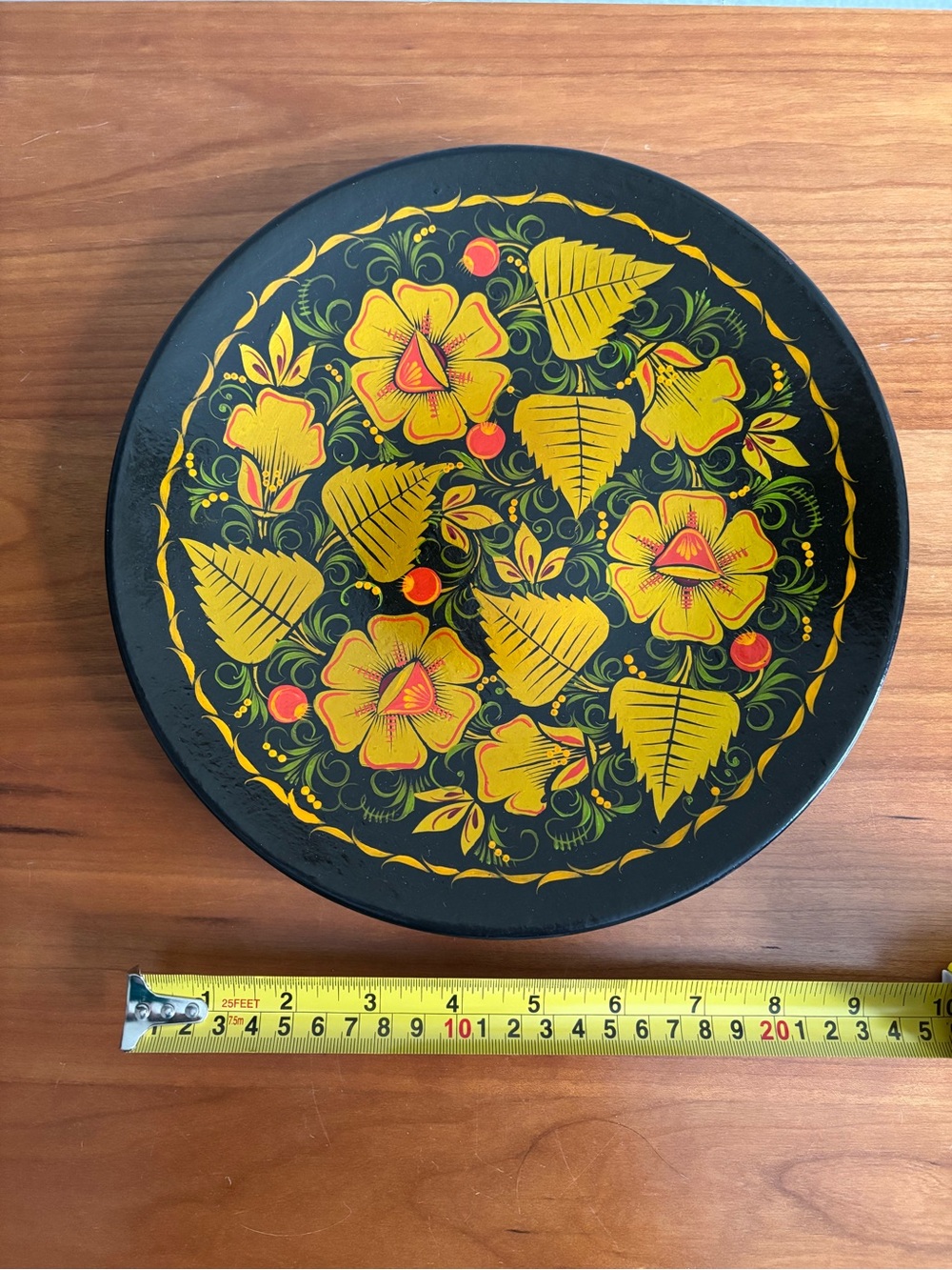 Hand-Painted Black Floral Decorative Tin Plate - Red & Yellow